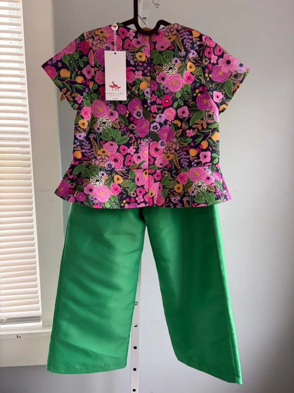 Mama luma girls boutique Green Floral Peplum Top with Matching Wide-Leg Pants